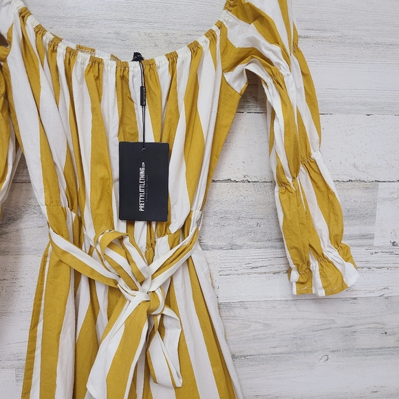 PrettyLittleThing Mustard Striped Bardot Jumpsuit - Picture 5 of 13